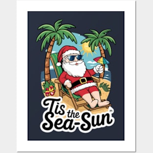 Tis the Sea-Sun Beach Santa Christmas Posters and Art